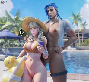 2girls 3d blender blizzard_entertainment blonde_hair bottomless bra breasts dark-skinned_female dark_skin female female_torso hasfeldt hi_res junker_queen mercy overwatch overwatch_2 poolside_junker_queen poolside_mercy pussy size_difference summer_games_series tagme yuri