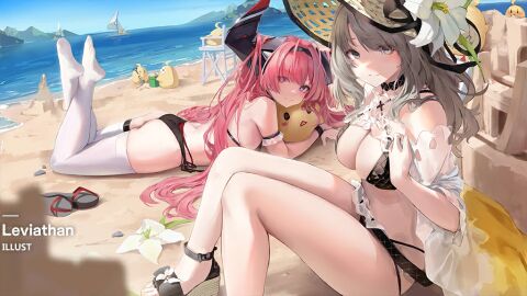 2girls ass azur_lane bare_shoulders beach bikini bird black_bikini black_footwear breasts cg charybdis_(azur_lane) charybdis_(prism_sea_breeze)_(azur_lane) choker cleavage copyright_name day feet female flower frills grey_eyes grey_hair hairband hat hat_flower horns large_breasts legs long_hair looking_at_viewer lying multiple_females multiple_girls ocean official_alternate_costume official_art on_stomach outdoors pink_eyes pink_hair prinz_rupprecht_(azur_lane) purple_eyes sand sand_castle sand_sculpture sandals see-through sitting sky smile straw_hat sun_hat swimsuit thighhighs thighs toes water watercraft white_flower white_thighhighs