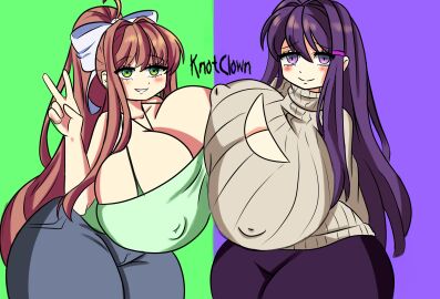 2girls big_breasts billybarson blush breast_cutout breast_squish breasts doki_doki_literature_club embarrassed female female_only huge_breasts keyhole_turtleneck monika_(doki_doki_literature_club) multiple_females multiple_girls peace_sign royalmcgun77 smile sweater white_bow yuri_(doki_doki_literature_club)