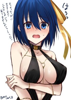 arm_under_breasts bare_shoulders bb_dubai_(fate) bb_dubai_(fate)_(cosplay) black_dress blue_eyes blue_hair blush breasts center_opening ciel_(tsukihime) cosplay covered_erect_nipples dress embarrassed fate/grand_order fate_(series) female highres large_breasts open_mouth ribbon short_hair solo sweatdrop translated translation_check tsukihime twitter_username vent_vert_(kuuya) white_background yellow_ribbon