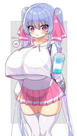 :3 bangs bangs_over_eyes big_breasts blue_hair blush breasts collarbone cute female hair_ribbon heart huge_breasts jacket looking_at_viewer pink_eyes pleated_skirt riko_(shuz) shiny_clothes shiny_hair shiny_skin shortstack shuz_(dodidu) skindentation skirt solo sparkles stretched_clothing thick_thighs thighhighs tight_clothing twintails