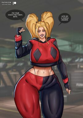 1girls abs batman_(series) colacat95 dc dc_comics female fit_female gym gym_clothes harleen_quinzel harley_quinn jpg leggings midriff muscular muscular_female pigtails solo solo_female tagme thick thick_legs thick_thighs twitter_link wide_hips
