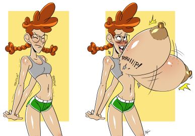 adult adult_female aeolus06 ahe_gao ahegao big_breasts braid braided_hair breasts breasts_exposed breasts_out buckteeth curly_hair daisy_malloy female freckles freckles_on_breasts ginger glasses hammerspace hammerspace_breasts hidden_buxom huge_breasts massive_breasts nerd nerdy nerdy_female nipples original red_hair relief shorts slender_body slender_waist small_breasts stretching tank_top top_heavy twin_braids