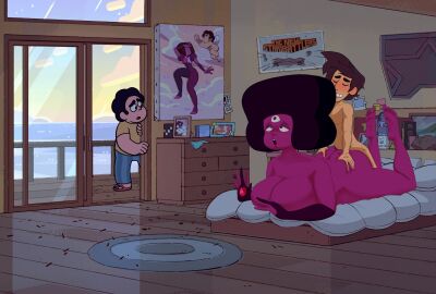 1boy 1girls anon bare_arms bare_ass bare_back bare_breasts bare_legs bare_midriff bare_shoulders bare_thighs barefoot bed bedroom bedroom_sex being_watched big_breasts breasts cartoon_network cuckold different_eye_color female garnet_(steven_universe) gem_(species) gem_fusion in_front_of_cuckold jamie_(steven_universe) larger_female male male_domination male_penetrating_female netorare nude nude_female nude_male simple_background small_dom_big_sub smaller_male spakka5 steven_quartz_universe steven_universe