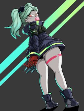 ass back_view big_ass big_breasts big_butt big_thighs breasts cyan_hair cyberpunk:_edgerunners cyberpunk_2077 female female_focus grey_skin hatzuhatzu no_artist_signature rebecca_(edgerunners) short_hair small_eyebrows small_nose tattoo thin_eyebrows