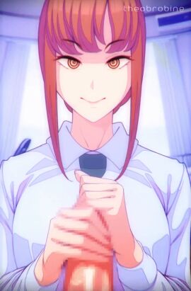 1girls animated censored chainsaw_man female fully_clothed gif handjob looking_at_viewer loop makima_(chainsaw_man) mosaic_censoring non-web_source red_hair smile source_request tagme theobrobine upper_body yellow_eyes