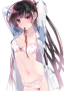 1girls absurd_res absurdres arms_above_head arms_up bare_belly bare_chest bare_midriff bare_navel bare_shoulders bare_skin bare_thighs bare_torso belly belly_button black-haired_female black_hair blouse blush blush_lines blushing_at_viewer blushing_female bra breasts cleavage cleft_of_venus collarbone dot_nose embarrassed embarrassed_female exposed exposed_belly exposed_midriff exposed_shoulders exposed_thighs female female_focus female_only flat_belly flat_chest flat_chested frilled_bra frilled_panties frilled_underwear groin hands_above_head hands_up high_resolution highres light-skinned_female light_skin long_hair looking_at_viewer navel open_clothes open_clothing open_shirt original original_art original_artwork original_character panties petite petite_body petite_breasts petite_female ponytail pussy red-eyed_female red_eyes red_ribbon ribbon ribbon_bra ribbon_panties shirt shoulders simple_background skinny skinny_female skinny_waist slender_body slender_waist slim_female slim_waist small_breasts solo standing thick_thighs thighs thin_waist tomozero tying_hair unbuttoned unbuttoned_shirt underwear upper_body v-line very_long_hair white_background white_blouse white_bra white_panties white_shirt white_underwear wide_hips