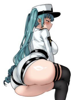 1girls aqua_hair arched_back ass ass_focus belt big_breasts black_belt black_thighhighs blush breasts closed_mouth commentary crossed_legs feet_out_of_frame female female_only from_side goddess_of_victory:_nikke half-closed_eyes hat high_belt huge_ass invisible_chair jacket jamjamstyle large_breasts light-skinned_female long_hair long_sleeves looking_ahead military_hat military_uniform peaked_cap privaty_(nikke) profile shade short_shorts shorts simple_background sitting skindentation solo thick_thighs thigh_strap thighhighs thighs twintails very_long_hair white_background white_hat white_jacket white_shorts yellow_eyes