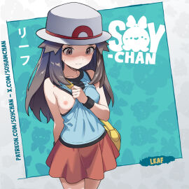 1girls artist_name bag blue_background blue_shirt blush border breasts brown_eyes brown_hair character_name closed_mouth dot_nose embarrassed female game_freak hair_flaps hat leaf_(pokemon) looking_down nintendo nipples one_breast_out patreon_username pokemon pokemon_frlg pulling_own_clothes red_skirt shirt shoulder_bag skirt sleeveless sleeveless_shirt small_breasts solo soy-chan standing translation_request twitter_username white_border white_hat wristband