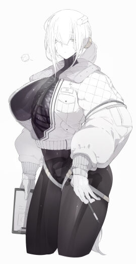 android black_skin breasts clipboard colored_skin eurika_(ub1mo) female hair_between_eyes highres holding_clipboard holding_pen jacket large_breasts long_hair looking_at_viewer multicolored_body open_clothes original revision see-through see-through_body see-through_skin solo ub1mo visible_skeleton white_hair yellow_eyes