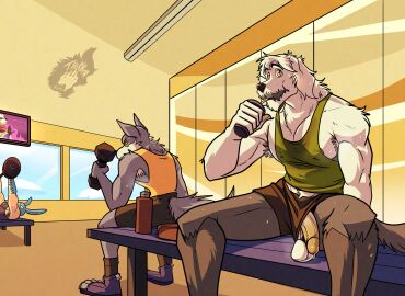 absurd_res anthro armpit_hair athletic_wear balls bodily_fluids body_hair bottomwear breasts canid canine canis casual_exposure circumcised claws clothing container cup domestic_dog drinking drinking_straw exercise exercise_clothing exercise_equipment exercise_gear flaccid footwear genital_fluids genitals gym gym_bottomwear gym_shorts herding_dog hi_res humanoid_genitalia humanoid_penis kylo_easton_(thekbear) lagomorph leaking_precum leporid looking_at_viewer male male_anthro mammal musk musk_clouds musky_armpit musky_balls musky_penis ogie_dogie_(thekbear) open_shoes pastoral_dog penis poodle precum pubes pubes_exposed rabbit sheepdog shoes shorts sneakers sweat sweaty_balls sweaty_breasts sweaty_clothing sweaty_genitalia sweaty_legs sweaty_thighs thekinkybear toe_claws wardrobe_malfunction wolf