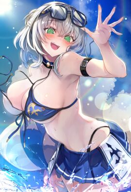 @_@ accidental_exposure bikini blush breasts cleavage day embarrassed eyewear_on_head female female_only green_eyes grey_hair hololive hololive_fantasy hololive_japan large_breasts looking_at_viewer medium_hair omoti_(1201208) open_mouth outdoors shirogane_noel shirogane_noel_(summer_2020) skirt sky smile solo strap_break sunglasses swimsuit thong_straps two-tone_bikini virtual_youtuber wardrobe_malfunction wavy_hair
