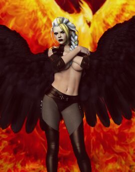 1girls 3d black_wings breasts covering_breasts dmnhunter69 female jaina_proudmoore white_hair wings world_of_warcraft