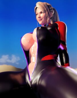 1girls 3d big_breasts blonde_hair bodysuit female_only huge_breasts metroid pickleballssy samus_aran sarah_bryant_(model) shiny_skin solo sweat sweaty unzipped_bodysuit vi-o-la_suit