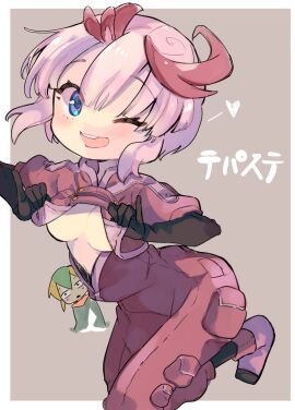 1girls ahoge arched_back black_gloves blue_eyes blush breasts chibi cleavage clothes_lift cropped_jacket elbow_gloves female female_only gloves halljion0508 jumpsuit looking_at_viewer made_in_abyss no_bra pink_hair short_hair smile solo_focus teasing tepaste two-tone_hair underboob wink yelme