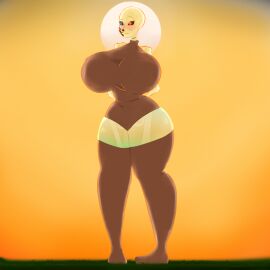 bald big_breasts big_thighs blue_eyes blushing breasts ectobody ectobreasts fanmade female female_sans h4ppe ink_sans_(fan_character) paint_on_body red_eyes rule_63 sans sunset sweatdrop thigh_socks undertale undertale_(series) visible_skeleton