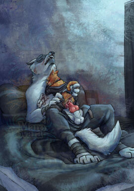 1boy 1cuntboy alternate_costume alternate_universe ambiguous_fluids animal_genitalia animal_penis anthro anus balls bandage bed big_dom_small_sub blush bodily_fluids bottomwear bottomwear_down canid canine canine_genitalia canine_penis canis claws closed_eyes clothed clothing clothing_lift collar cuntboy cuntboy/male death_(puss_in_boots) domestic_cat dominant dreamworks dripping dripping_pussy duo ears_back facial_markings felid feline felis fur furniture fuzzy genitals head_markings hi_res intersex intersex/male knot leaning_on_another leg_grab looking_at_viewer lying male mammal markings mask_(marking) on_back on_bed on_top open_mouth orange_body orange_fur pants pants_down partially_clothed penetration penis pivoted_ears puss puss_in_boots_(dreamworks) puss_in_boots_(film) puss_in_boots_the_last_wish pussy sheath shirt shirt_lift shirtless shrek_(series) size_difference smaller_penetrated smollco tabby_cat tail tail_grab thigh_grab topless topwear torn_clothing vaginal_penetration white_body white_fur wolf wounded