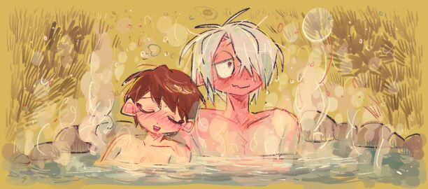 1boy 1girls auburn_hair bath bathing blush brown_hair completely_nude female full-face_blush ge_jug gegege_no_kitarou hair_over_one_eye half-closed_eyes husband_and_wife iwako_(gegege_no_kitarou) kitarou_tanjou_gegege_no_nazo male medama_oyaji_(human) nonsexual_nudity nude onsen short_hair smile steam sweat upper_body very_short_hair white_hair wholesome