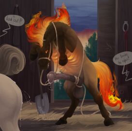 animal_genitalia animal_penis ass balls barn big_balls big_penis bodily_fluids bondage bound bridle brown_body clenched_teeth detailed_background dialogue dripping duo english_text equid equine equine_genitalia equine_penis erection farm female feral fire flaming_hair flaming_mane flaming_tail flared_penis genital_fluids genitals harness hay hi_res hooves horse inside kukan97 male male/female mammal mane medial_ring mythological_creature mythological_equine mythology on_hind_legs orange_eyes penis plant precum precum_drip pseudo_hair pseudo_mane pupils pussy pussy_juice_drip quadruped raised_tail rope shovel slit_pupils solo_focus speech_bubble stable tail teeth text tools tree vaginal_fluids