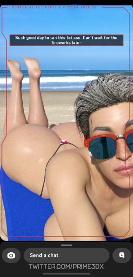 3d ass beach beach_towel big_ass big_breasts big_hips bikini breasts cleavage cyberpunk_2077 eye_contact feet_up female laying_down laying_on_stomach mature_female milf prime3dx public rosalind_myers selfie smile snapchat soles sunglasses thick thick_ass thick_thighs thong topless