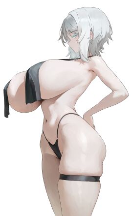 1girls 3blue blue_eyes breasts faust_(limbus_company) female female_only huge_breasts limbus_company pale-skinned_female pale_skin panties project_moon short_hair simple_background solo swimsuit white_background white_hair