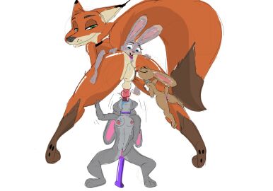 anal anthro canid canine dildo disney fellatio female fox group group_sex hi_res judy_hopps lagomorph leporid male male/female mammal nick_wilde oral penile penis rabbit rimming sex sex_toy simple_background white_background zootopia