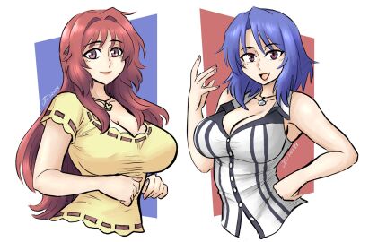2girls aniyome_wa_ijippari big_breasts blue_hair breasts busty cleavage clothed collarbone curvaceous curves curvy curvy_body curvy_female curvy_figure duo duo_female duo_focus facing_viewer female female_focus female_only inner_sideboob katsuragi_mai large_breasts long_hair looking_at_viewer milf open_mouth purple_eyes red_hair shiny_hair short_hair sideboob smile smiling smiling_at_viewer takama_kozue very_long_hair videajames voluptuous voluptuous_female