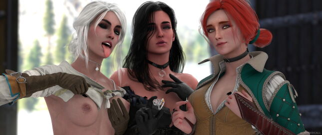 3d 3girls bbc_choker blacked blacked_clothing breasts chastity_cage chastity_key choker ciri female female_only flashing_breasts missed_call multiple_females multiple_girls qos qos_clothing qos_tattoo queen_of_spades queen_of_spades_symbol spade_choker spade_tattoo the_witcher_(series) the_witcher_3:_wild_hunt tongue tongue_out triss_merigold wallpaper yennefer