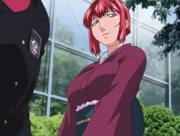 00s 1boy 1girls 2007 animated anime_screenshot bible_black bible_black_new_testament breasts female formal_clothes green_house kimono large_breasts long_sleeves mature_female purple_eyes red_hair shin_bible_black short_hair smile suit tagme takashiro_hiroko tree yuge_toru yukata