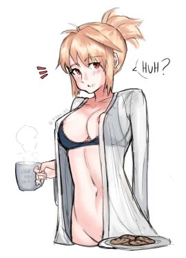 :< alternate_hairstyle arcueid_brunestud areola_slip arms_behind_back belaweb123 black_bra blonde_hair blush bottomless bra breasts chocolate_chip_cookie cleavage closed_mouth coffee_mug collarbone commentary cookie cowboy_shot cropped_legs cup dress_shirt english_commentary english_text female food food_on_face groin hair_between_eyes highres holding isar_ts large_breasts long_sleeves looking_at_viewer melty_blood mug naked_shirt navel notice_lines open_clothes open_shirt ponytail red_eyes shirt short_hair sidelocks signature simple_background solo speech_bubble standing steam stomach tsukihime twitter_username type-moon underwear white_background white_shirt