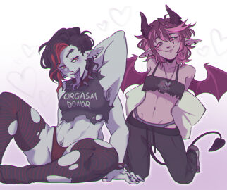 2022 2girls 4_arms armpit_hair armpits black_hair collar demon demon_girl demon_horns female grey_body jazzyboys long_tongue multi_arm multi_limb muscular muscular_female no_sex original original_character panties piercing piercings pink_body pink_hair pink_sclera pinup purple_hair red_eyes red_hair smile spiked_collar striped_legwear toned toned_female tongue tongue_out tongue_piercing torn_clothes torn_clothing torn_legwear torn_thighhighs two-tone_hair yoga_pants
