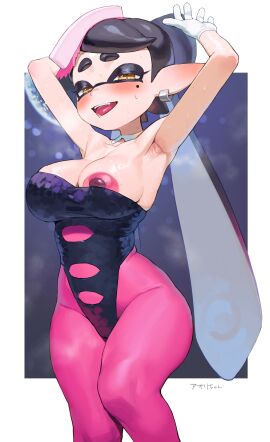 1girls agent_1_(splatoon) areolae armpits big_breasts black_hair blush breasts callie_(splatoon) dress ear_piercing earrings exposed_breasts female female_only frikulu hair half-closed_eyes hands_behind_head headwear hips inkling inkling_girl leggings legwear mole mole_under_eye nintendo nipples one_breast_out pantyhose pink_areola pink_leggings pink_nipples pointy_ears solo solo_female splatoon splatoon_(series) splatoon_2 splatoon_3 sweat sweatdrop tentacle_hair tongue tongue_out twintails yellow_eyes