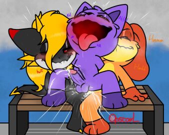 anthro anthro_on_anthro anthro_only canine catnap catnap_(poppy_playtime) critters_(poppy_playtime) dogday dogday_(poppy_playtime) doggy domestic_cat domestic_dog double_chin_reveal! feline furry_only male male/male no_humans opstah opstarl orange_fur orange_skin poppy_playtime poppy_playtime_(chapter_3) purple_fur purple_skin sex smiling_critters tagme