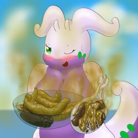 2023 absurd_res anthro areola big_breasts blush bowl breasts container cutlery dragon drain_scat eyelashes feces female generation_6_pokemon goodra green_eyes half-closed_eyes hi_res kitchen_utensils multicolored_body mythological_creature mythological_scalie mythology narrowed_eyes nintendo nude one_eye_closed open_mouth outside pokemon pokemon_(species) purple_body purple_tail scalie scat scatplay sea sky solo spoon standing tail tools two-tone_body water