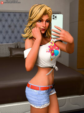 1girls 3d 3d_model adult adult_female ann_takamaki_(cosplay) ass bed belly blonde_female blonde_hair blue_eyes breasts cosplay covered_breasts darkbahamuth earrings fantastic_four female female_focus female_only invisible_woman invisible_woman_(marvel_rivals) marvel marvel_comics marvel_rivals megami_tensei midriff no_sex persona persona_5 persona_5_scramble:_the_phantom_strikers phone pinup red_belt room selfie sfw short solo solo_female solo_focus standing sue_storm taking_photo taking_picture taking_selfie