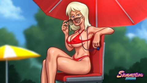 1080p 1girls 2d 2d_(artwork) abs areola areolae athletic athletic_female big_breasts bikini bikini_bottom bikini_top blonde_female blonde_hair bra breast_press breast_squeeze breasts cassie_(summertime_saga) darkcookie digital_drawing_(artwork) digital_media_(artwork) female female_focus female_only glasses lifeguard light-skinned_female light_skin looking_at_viewer medium_breasts nipples panties pinup pose posing sitting smile smiling summertime_saga umbrella wallpaper watermark