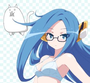 1girls blue_eyes blue_hair blush bra breasts checkered_background collarbone color coppermine_(battle_cats) crazed_expression digital_media_(artwork) earpiece extremely_long_hair fangs female firm_breasts galaxy_gals glasses hayashiya_zankurou inner_sideboob light_skin long_hair looking_at_viewer medium_breasts neutral_expression nyanko_daisensou shoulders tail tank_cat teenager the_battle_cats underwear white_fur