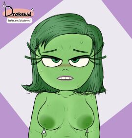 big_breasts breasts disgust disgust_(inside_out) drakewd female green_body green_eyes green_hair green_skin highres imminent_fellatio imminent_oral imminent_sex inside_out large_areolae large_breasts png self_upload worried_expression worried_look