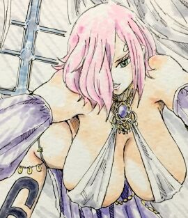 1girls aqua_eyes bare_midriff bare_thighs bent_over black_tattoo blue_eyes breasts dancer dress female female_only green_eyes hair_over_face hair_over_one_eye indoors large_breasts leg_tattoo lips lipstick midriff number_tattoo one_piece pink-haired_female pink_hair pink_lips pink_lipstick plump_lips puipui reaching_out reaching_towards_viewer revealing_clothes sagging_breasts sideboob solo tattoo thighs vinsmoke_reiju white_dress