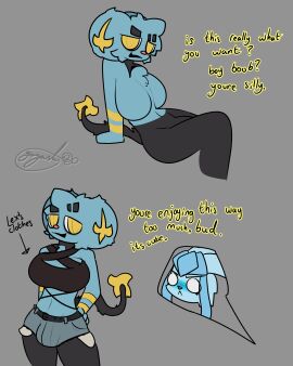 2025 absurd_res anthro barely_visible_genitalia barely_visible_penis belt big_breasts blue_body blue_fur blush bottomwear breasts busty_male canid canine clothed clothing crop_top cutaway denim denim_bottomwear denim_clothing denim_shorts dialogue digital_media_(artwork) duo eeveelution english_text eyebrow_slit eyebrows featureless_breasts felid fur futanari gams_(gazaster) gazaster generation_4_pokemon genitals glaceon hi_res intersex lex_(gazaster) looking_at_viewer male male_(lore) male_with_breasts mammal markings multiple_poses neck_markings nintendo nude pants_(marking) penis pokemon pokemon_(species) pose raised_eyebrow shinx shirt shorts signature simple_background sitting skimpy smile solo_focus standing tail text topwear yellow_eyes