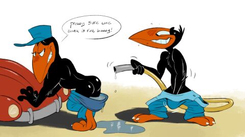 2023 2boys anthro ass avian bird black_body black_butt black_feathers blue_clothing blue_hat blue_headwear blue_overalls blush bodily_fluids car clothing corvid duo feathers gay glistening glistening_butt grin half-closed_eyes hand_in_pants hat headgear headwear heckle heckle_and_jeckle hi_res holarctic_magpie holding_hose hose jeckle leaning leaning_forward looking_back magpie_(corvid) male male/male male_only narrowed_eyes nervous_smile oscine overalls passerine simple_background smile standing sweat teeth terrytoons vehicle water wet wet_clothing yaoi yellow-billed_magpie zepthehyerian