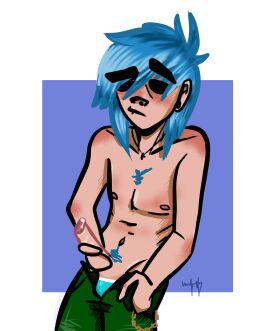 1boy 2024 2d 2d_(gorillaz) balls balls_bulge balls_in_underwear black_eyebrows black_eyes blue_background blue_hair blue_underwear candy_blue_hair cum cum_drip gorillaz green_pants heavy_eyebrows jerking_off male male_only masturbation non-euclidean_border pants scene_hair shirtless shirtless_male signature simple_shading skinny solo stuart_pot thick_eyebrows thick_outline toony trousers underwear white_background