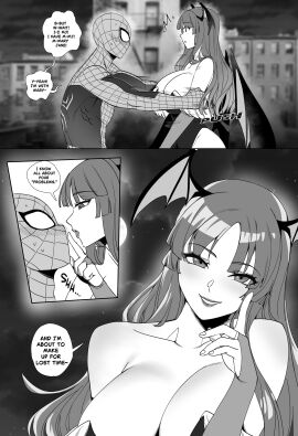 1boy 1girls big_breasts blush bodysuit breasts capcom cheating cheating_boyfriend cleavage comic crossover crossover_pairing crossover_shipping darkstalkers demon eastern_and_western_character english_text female greyscale head_wings highres huge_breasts inviting large_breasts lipstick male marvel marvel_comics marvel_vs._capcom monochrome morrigan_aensland peter_parker ryuukusnpaiarts smile spider-man spider-man_(series) straight succubus sweatdrop text_bubble wings