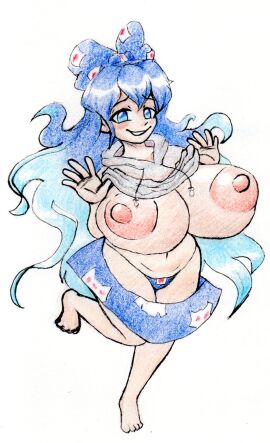 areolae big_breasts blue_eyes blue_hair breasts breasts_bigger_than_head fair-skinned_female female huge_breasts light-skinned_female light_skin mischievous nipples puffy_nipples shion_yorigami shirt_lift skirt skirt_slipping_down thatartistann touhou voluptuous