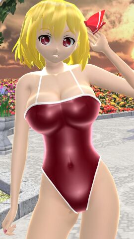 1girls 2024 3d big_breasts blonde-haired_female breasts embodiment_of_scarlet_devil female garden grown_up hati_yukkuri_mmd light-skinned_female light_skin mmd ofuda ofuda_on_head one_arm_up red_eyes red_swimsuit rumia solo_female solo_focus sunset swimsuit swimwear touhou youkai