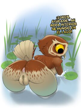 absurd_res anthro anus asking_for_help ass avian bath beak big_ass big_butt bird breasts brown_body curvy_figure elf_owl feathers female genitals guardians_of_ga'hoole gylfie hi_res lake looking_down nude nude_female owl plant presenting presenting_hindquarters pussy short_stack solo spanish_text splash tail tail_feathers text thelordjoshua1 thick_thighs true_owl wet wet_body yellow_eyes