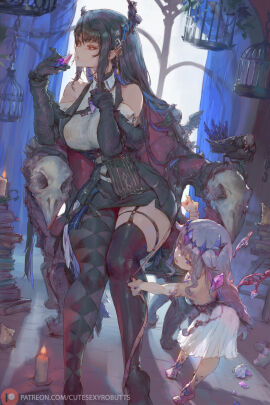 2girls argyle argyle_clothes argyle_legwear asymmetrical_legwear backlighting bare_shoulders black_dress black_hair black_thighhighs breasts candle chair cutesexyrobutts dress female female_only fur_trim gem grey_hair highres hololive hololive_english hololive_english_-advent- koseki_bijou koseki_bijou_(1st_costume) large_breasts larger_female long_hair measuring multiple_females multiple_girls nerissa_ravencroft nerissa_ravencroft_(1st_costume) open_mouth parted_lips purple_eyes red_eyes sitting size_difference small_breasts tape_measure thighhighs virtual_youtuber white_dress