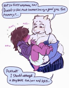 2girls abdl anthro big_breasts breastfeeding breasts caprine deltarune diaper diaperfur female furry hair_over_eyes moaning mommy scalie susie_(deltarune) toriel undertale_(series) whimpering wholesome