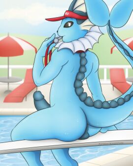 1boy 2019 4:5 anthro anthro_only anthrofied big_penis biped black_sclera blue_body buns-n-spurs casual_nudity clothing cloud colored day eeveelution erection exposed fin fingers game_freak generation_1_pokemon genitals glans glistening glistening_body grass hat hat_only headgear headgear_only headwear headwear_only hi_res holding_object humanoid_genitalia humanoid_hands humanoid_penis long_tail looking_aside looking_at_viewer male male_only male_vaporeon mostly_nude nintendo nude nude_anthro nude_male outside penis perineum plant pokemon pokemon_(species) pokemorph pool pool_chair sitting solo solo_anthro solo_focus solo_male spiked_tail spikes spikes_(anatomy) tail text umbrella url vaporeon visor_cap water whistle_(object) whistle_in_mouth white_eyes
