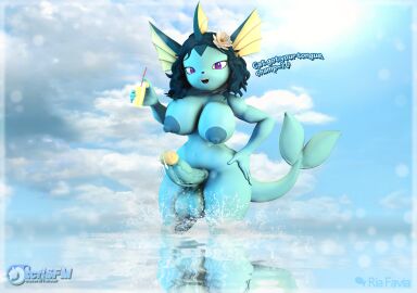3d 5_fingers absurd_res anthro areola balls beverage big_breasts blue_areola blue_body blue_nipples bodily_fluids breasts cloud cum dialogue digital_media_(artwork) dripping eeveelution erection fin fingers flower futanari generation_1_pokemon genital_fluids genitals hair hand_on_hip hi_res humanoid_genitalia humanoid_penis intersex looking_at_viewer nintendo nipples nude nude_anthro penis plant pokemon pokemon_(species) precum precum_drip purple_eyes ria_(tcflsfm) solo source_filmmaker_(artwork) splash tcflsfm vaporeon water